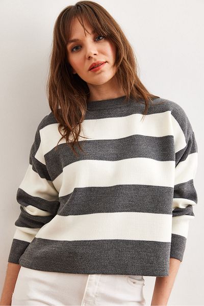 Olalook Pulover de damă cu dungi gri cu gât crew - KZK- 19000932