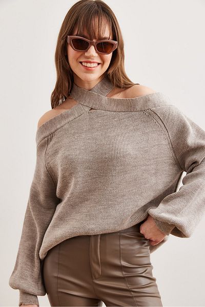 Olalook Mink Colored Cross Collar Women's Knitwear Sweater - Kzk- 19000192