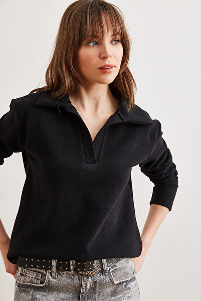 Olalook Kadın Siyah Polo Yaka Selanik Bluz BLZ-19002810