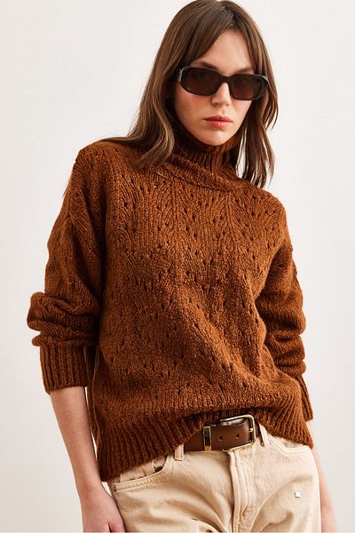 Olalook Women's Brown Turtleneck Soft Textured Knitwear Sweater Kzk- 19000892