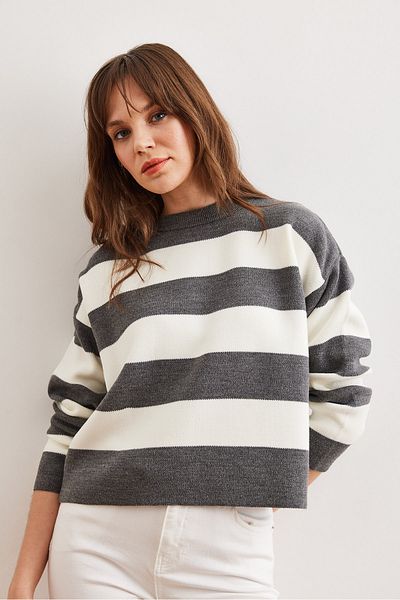Olalook Pulover de damă cu dungi gri cu gât crew - KZK- 19000932
