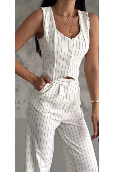 Butik Kadın Çizgili Palazzo Pantolon Yelek