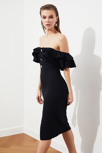 Trendyol Collection Černé kamenné knoflíky Tkané stylové večerní šaty Noční šaty TPRSS21EL1403