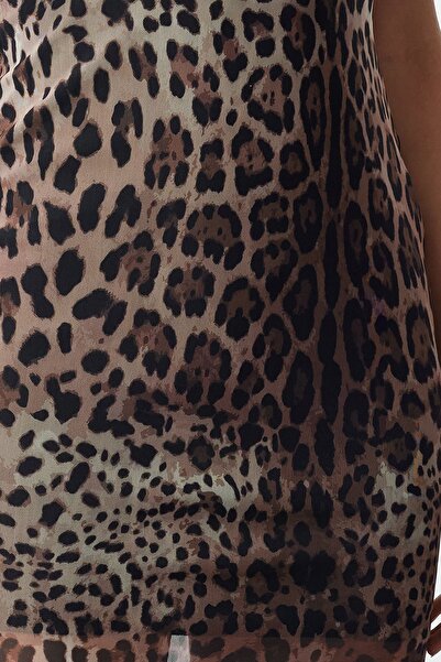 Trendyol Collection Βραδινό φόρεμα αποφοίτησης από τούλι με λεοπάρ μοτίβο καφέ TPRSS24EL00292