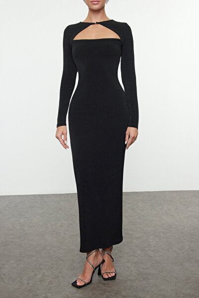 Trendyol Collection Černé vystřižené pletené stylové večerní šaty noční šaty pro návrat domů