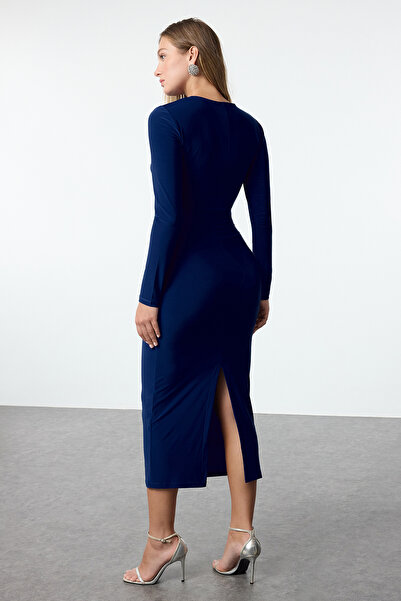 Trendyol Collection Rochie de seară elegantă tricotată Saks, rochie de absolvire de noapte TPRAW25EL00026