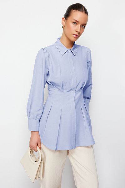 Trendyol Modest Cămașă țesătă cu perle cu talie albastră TCTAW24TG00027