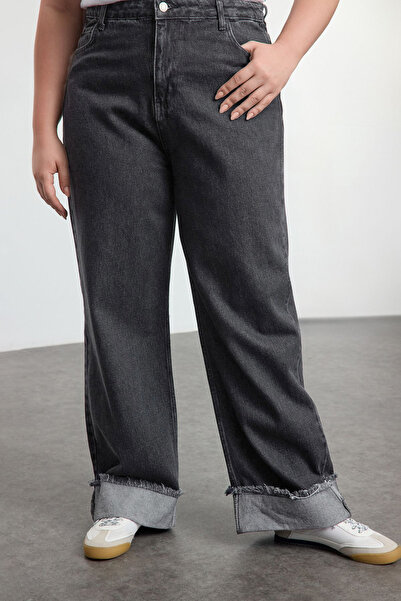 Trendyol Curve Γκρι τζιν με ψηλόμεσο κορδόνι με λεπτομέρεια με φουσκωτό πόδι, φαρδύ πόδι, μεγάλο μέγεθος TBBSS23CJ00002