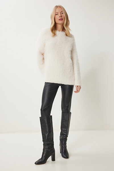 Happiness İstanbul Women's Bone Bearded Soft Textured Knitwear Sweater Us00950