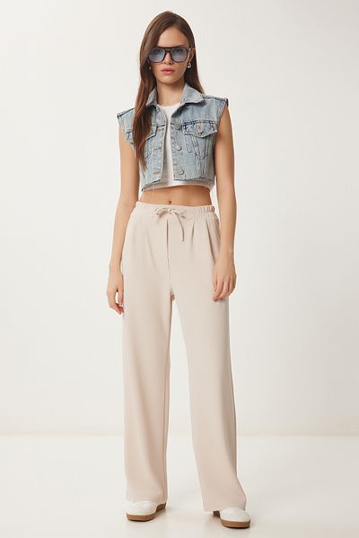 Happiness İstanbul Cremefarbene, bequeme Strickhose mit weitem Bein für Damen RV00204