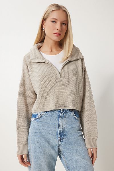 Happiness İstanbul Women's Stone Zip Turtleneck Knitwear Sweater Mx00124