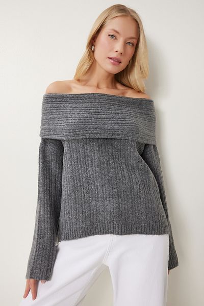 Happiness İstanbul Anthrazitfarbener Strickpullover mit Madonna-Kragen für Damen PF00049