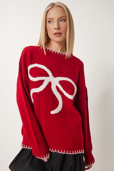 Happiness İstanbul Damen-Strickpullover mit rotem Schleifenmuster FZ00001