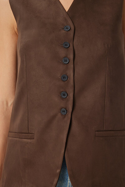 Happiness İstanbul Дамска кафява жилетка от набук с V-образно деколте Fn03387