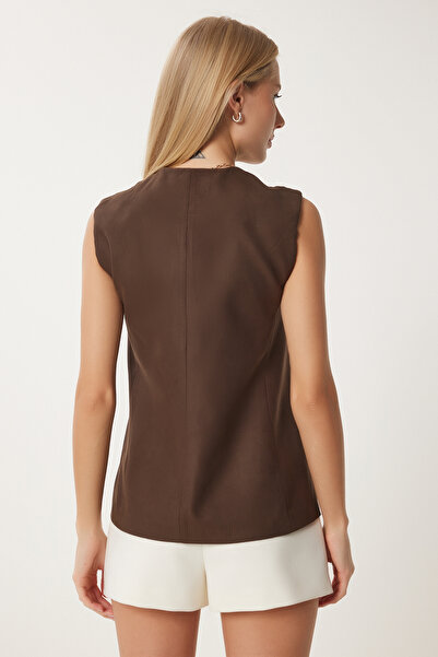 Happiness İstanbul Kadın Açık Kahverengi V Yaka Nubuk Yelek FN03387