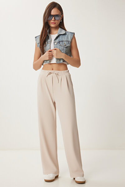 Happiness İstanbul Women's Cream Wide Leg Comfortable Knitted Pants Rv00204