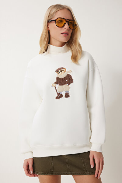 Happiness İstanbul Hanorac tricotat pentru femei Sardine cu ursuleț alb - WE00001