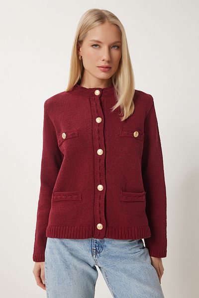 Happiness İstanbul Burgunderfarbener, stilvoller, strukturierter Strick-Cardigan mit Knöpfen für Damen DP00211