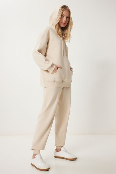 Happiness İstanbul Cremefarbenes, übergroßes Kapuzen-Sweatshirt- und Jogginghose-Set – PYS0027
