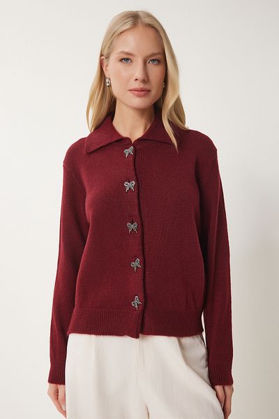 Happiness İstanbul Weiche Strickjacke für Damen in Burgunderrot mit Schleifenknöpfen DP00233