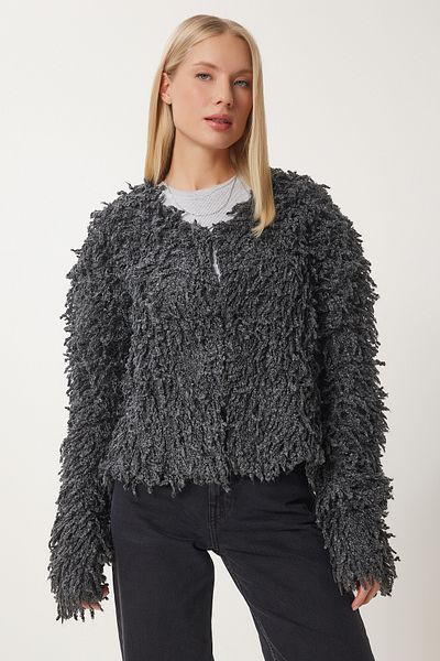 Happiness İstanbul Anthrazitfarbene Strickjacke mit Fransen für Damen YY00220