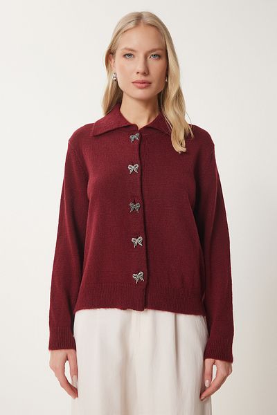 Happiness İstanbul Weiche Strickjacke für Damen in Burgunderrot mit Schleifenknöpfen DP00233