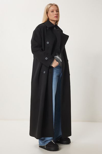 Happiness İstanbul Dámsky čierny oversize kabát s epoletou FN03398