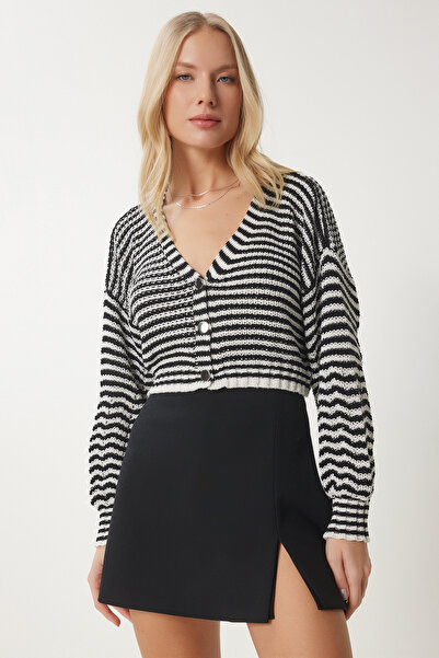 Happiness İstanbul Dámský černý krémový prolamovaný pletený svetr AN00178