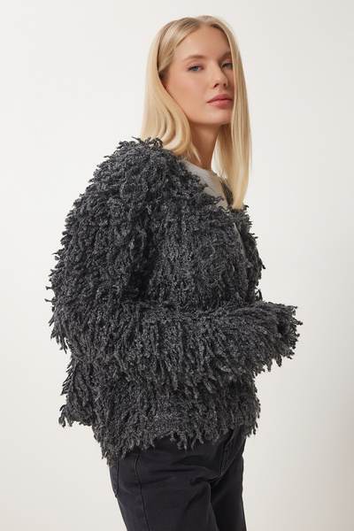 Happiness İstanbul Women's Anthracite Fringed Knitwear Jacket Yy00220