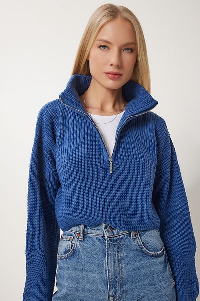 Happiness İstanbul Damski sweter z golfem w kolorze indygo blue z zamkiem błyskawicznym Mx00124