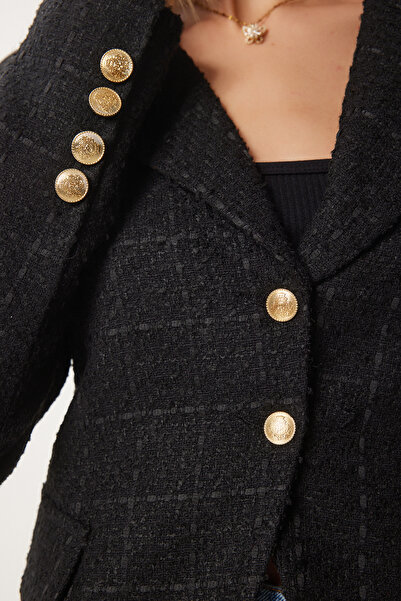 Happiness İstanbul Γυναικείο υφαντό μπουφάν από μαύρο χρυσό Tweed WF00091