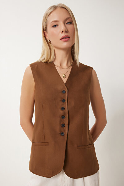 Happiness İstanbul Дамска жилетка от набук с V-образно деколте Fn03387