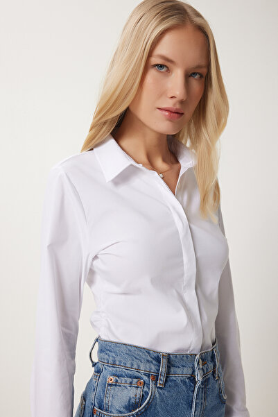 Happiness İstanbul Női fehér, rejtett gombos húzózsinóros szőtt ing NJ00165