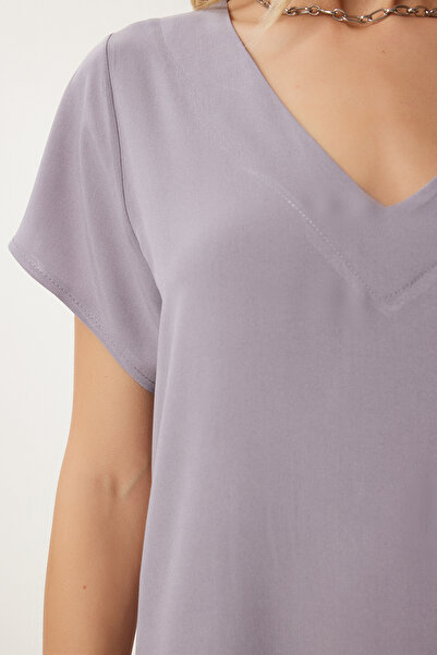 Happiness İstanbul Dámské šedé letní šaty z viskózy s výstřihem do V En00612