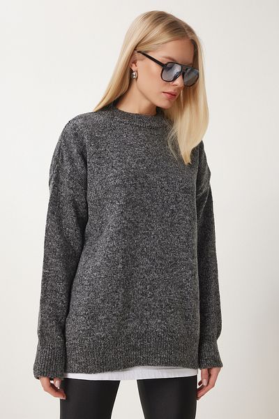 Happiness İstanbul Women's Anthracite Long Casual Fit Knitwear Sweater Fn03335
