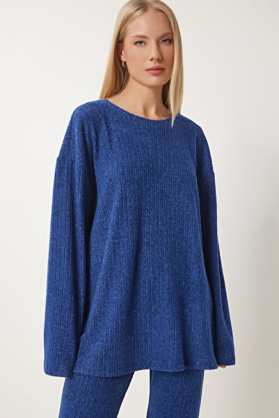 Happiness İstanbul Women's Relaxed Fit Cobalt Blue Knitted Blouse and Pants Set - Rg00047