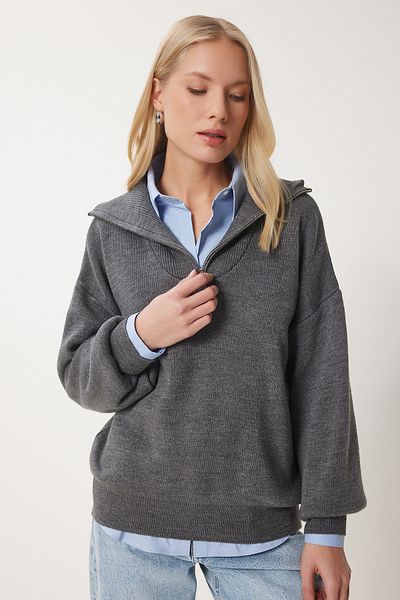 Happiness İstanbul Women's Anthracite Zippered Collar Basic Knitwear Sweater Pf00007