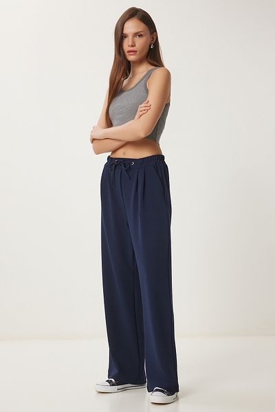 Happiness İstanbul Marineblaue, bequeme Strickhose mit weitem Bein für Damen RV00204