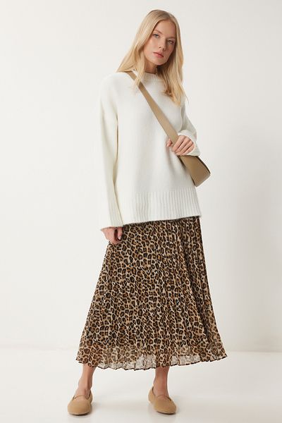 Happiness İstanbul Fusta țesătă plisată cu model leopard, negru, bej, WF00090