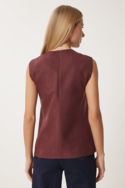 Happiness İstanbul Women's Burgundy V Neck Nubuck Vest Fn03387