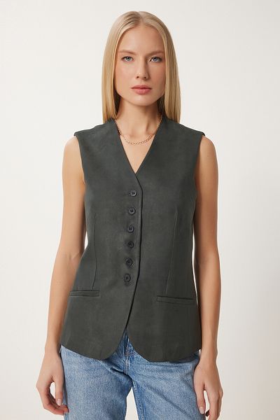Happiness İstanbul Dunkelgrüne Nubukweste mit V-Ausschnitt für Damen FN03387