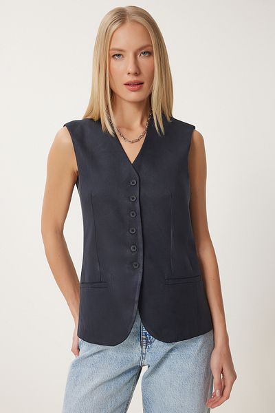 Happiness İstanbul Marineblaue Damen-Weste aus Nubukleder mit V-Ausschnitt FN03387