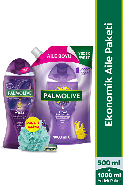 Palmolive Aroma Sensations Feel Relaxed Duş Jeli 1000 ml, Palmolive Duş Jeli 500 ml + Duş Lifi