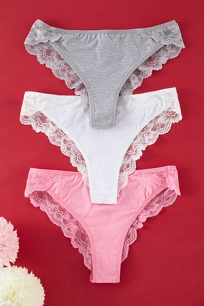 Trendyol Collection 3 Συσκευασία Γκρι-Λευκό-Ροζ Βαμβακερό Δαντελένιο Σλιπ - THMSS25KU00004
