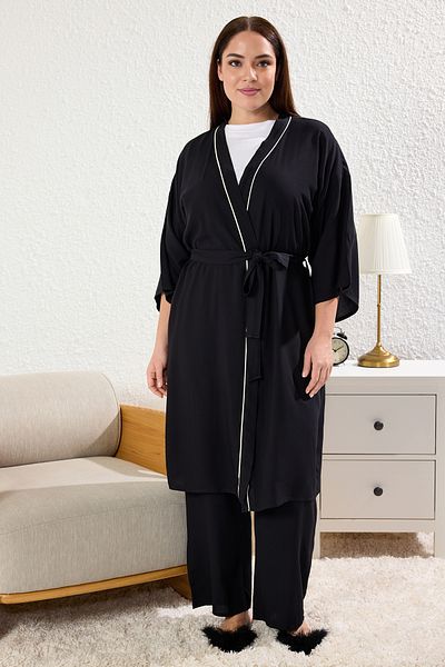 Trendyol Curve 2-Piece Viscose Woven Dressing Gown and Pajama Bottoms Set - Black Tbbaw25Ai00031