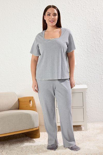 Trendyol Curve Gray Knitted Pajama Set - Square Collar, Camisole TBBAW25AI00048