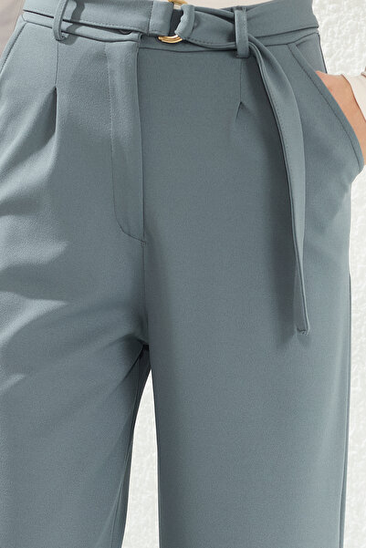 Trendyol Collection High Waist Wide Leg Smart Crepe Pants - Light Anthracite Belt, Knitted, Twoss23Pl00330