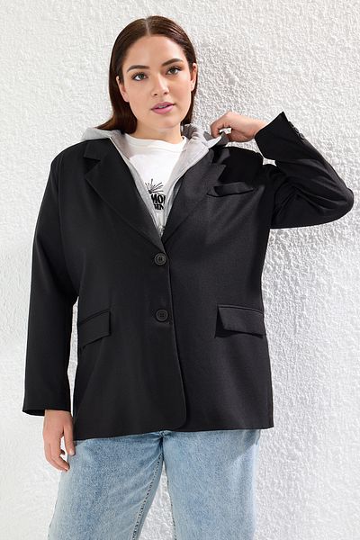 Trendyol Curve Black Knitted Hooded Woven Sports/Stylish Plus Size Jacket Tbbaw25Ag00012