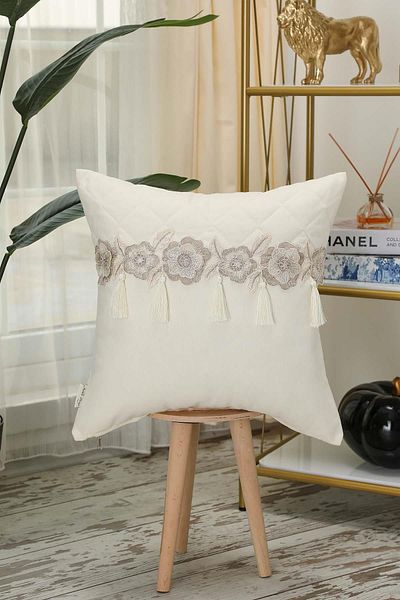 Aisha's Design 45X45 cm Square Throw Pillow Cover with Glitter Flower Motif and Tassel - K-437
