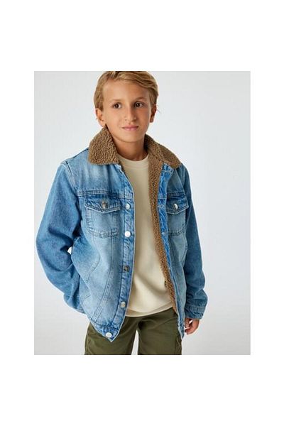 Koton Jeansjacke für Jungen, Plüsch, detaillierte Kappe, Taschen, Baumwolle, lange Ärmel